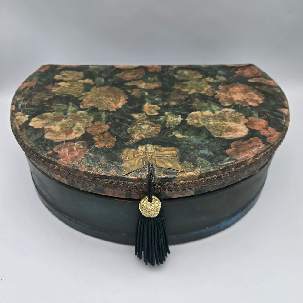 Antique Half Moon Floral‎ Decoupage Large Storage Box Green 12X8X4 Old World